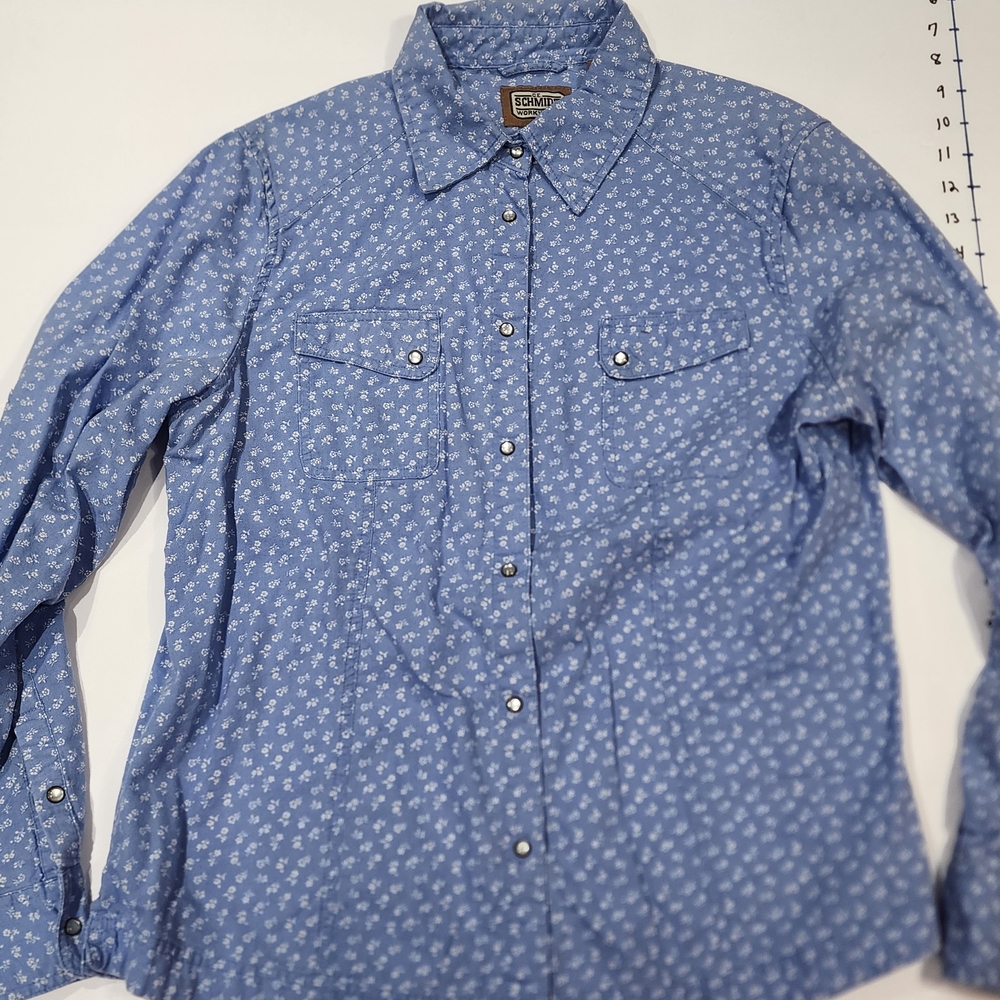 Schmidt Workwear Her Pearl Snap Shirt Womens Large Blue Western Pockets